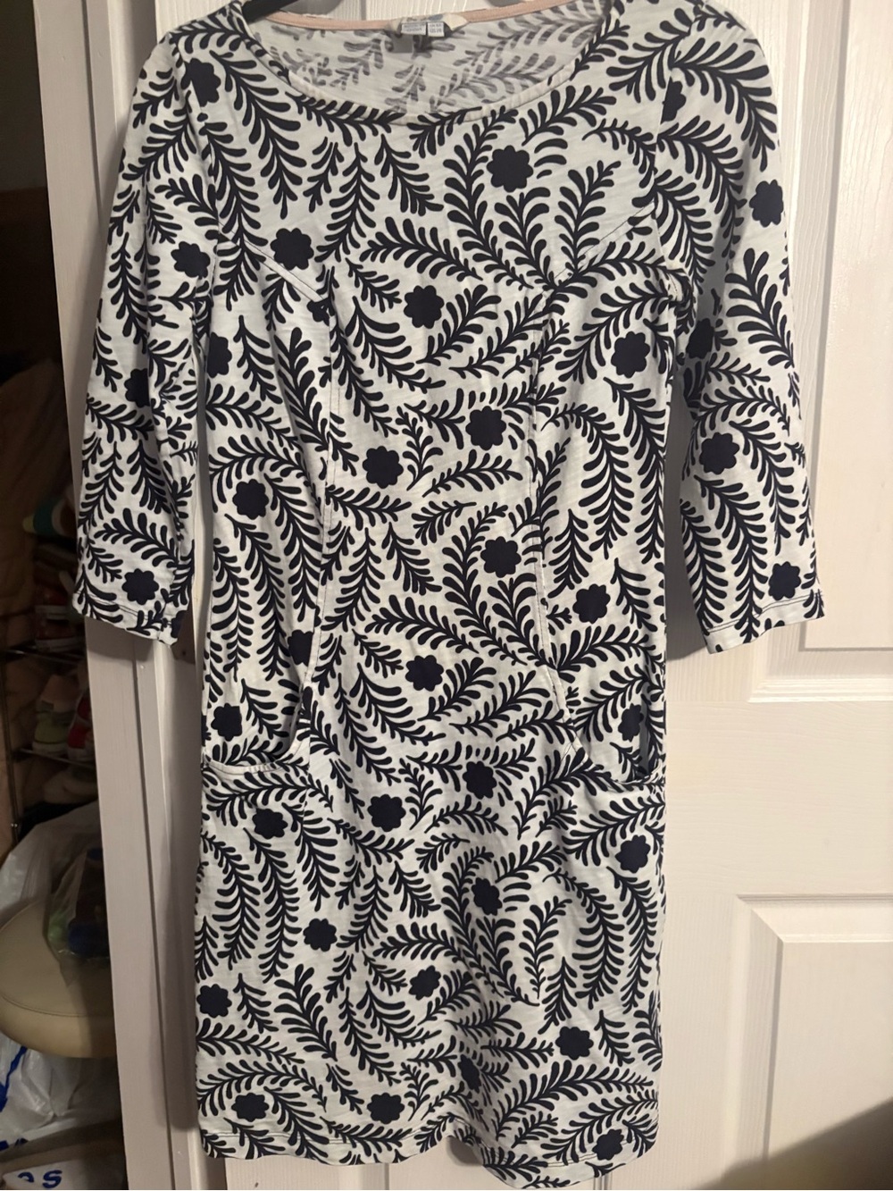 Boden Black & White Floral Vine 3/4 Sleeve Dress